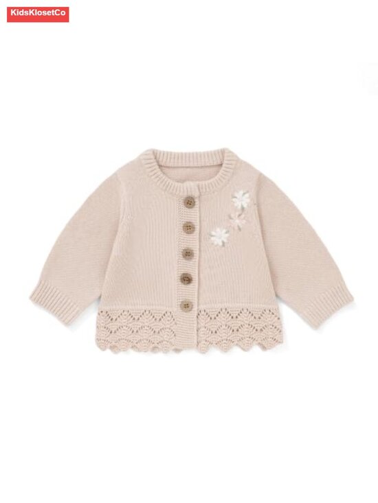 Other - Organic Cotton Baby Cardigan, Exquisite Flower Pattern Knit, Long Sleeve